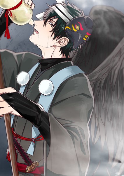 Anime picture 708x1000 with gintama sunrise (studio) hijikata toshiro __30__ single tall image looking at viewer fringe short hair open mouth black hair hair between eyes traditional clothes japanese clothes profile fur trim angel wings black wings drinking tengu