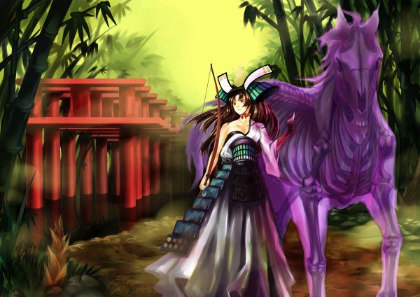Anime picture 1200x848 with oboro muramasa (game) vanillaware torahime soul (tamashii) single long hair brown hair standing brown eyes sky sleeveless ghost skeleton girl plant (plants) tree (trees) headdress building (buildings) forest bow (weapon)