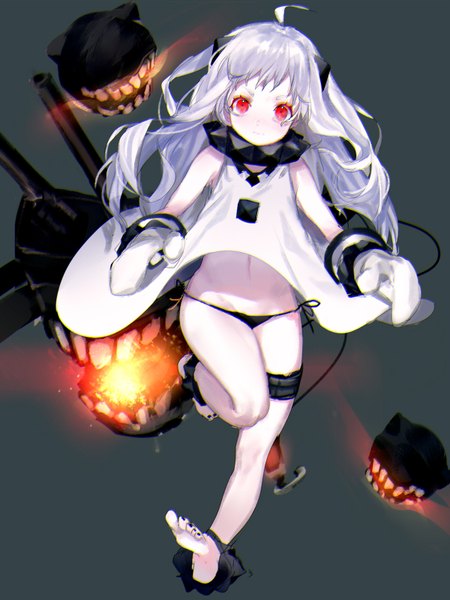 Anime picture 1200x1600 with kantai collection northern ocean hime tian (my dear) single long hair tall image looking at viewer blush fringe light erotic simple background red eyes bare shoulders silver hair ahoge bent knee (knees) nail polish barefoot horn (horns) grey background