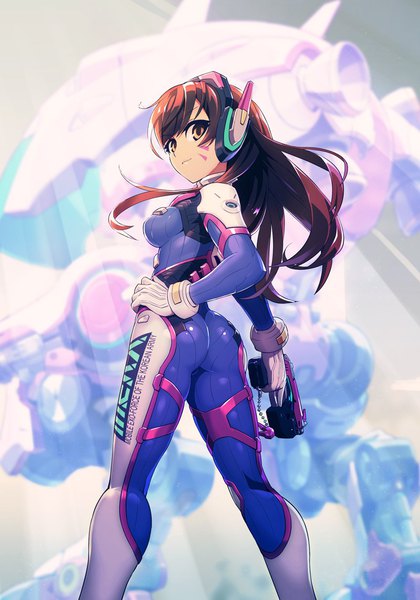 Anime picture 800x1142 with overwatch blizzard entertainment d.va (overwatch) meka (overwatch) chingisu single long hair tall image looking at viewer breasts light erotic brown hair brown eyes ass looking back from behind hand on hip facial mark whisker markings girl