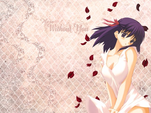 Anime picture 1600x1200 with fate (series) fate/stay night studio deen type-moon matou sakura long hair looking at viewer blush purple eyes purple hair wind blurry inscription girl dress ribbon (ribbons) hair ribbon sundress