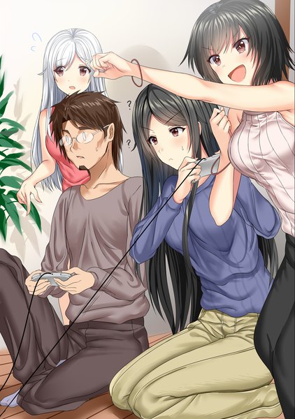 Anime picture 954x1356 with original neeko neeko's sister neeko's mother neeko's father arudehido long hair tall image blush fringe short hair breasts open mouth black hair brown hair standing sitting multiple girls holding brown eyes