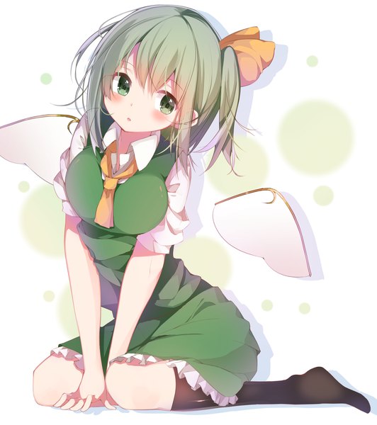 Anime picture 2140x2412 with touhou daiyousei kayahara (kayaka) single tall image blush highres short hair sitting green eyes looking away green hair no shoes one side up girl bow hair bow wings socks black socks