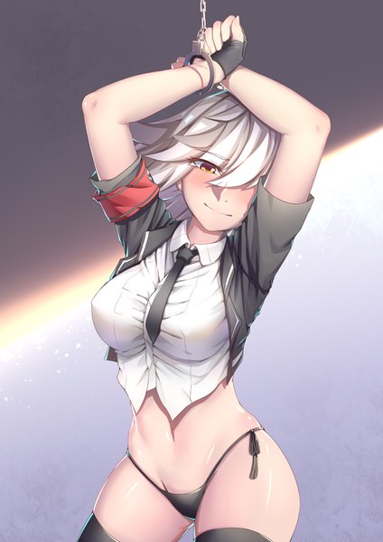 Anime picture 2480x3508 with warship girls r hindenburg (warship girls r) ray (pixiv9514208) single tall image looking at viewer blush fringe highres short hair breasts light erotic simple background smile large breasts brown eyes silver hair head tilt hair over one eye arms up