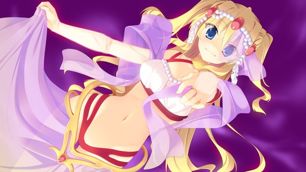 Anime picture 1280x720 with magical dears single long hair looking at viewer blush blue eyes light erotic blonde hair wide image game cg traditional clothes midriff girl navel hair ornament