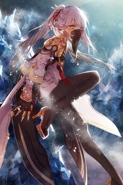 Anime picture 1024x1536 with blade & soul tagme (artist) single long hair tall image looking at viewer sitting yellow eyes pink hair white hair ponytail multicolored hair wind sunlight two-tone hair official art high heels gradient hair sunbeam girl