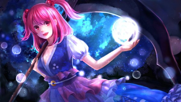 Anime picture 1060x596 with touhou onozuka komachi iromi (a1vlmeta) single looking at viewer short hair open mouth red eyes wide image pink hair two side up girl dress scythe