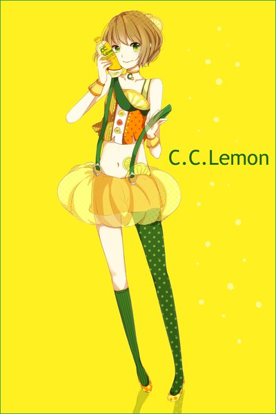Anime picture 1000x1500 with original c.c. lemon c.c. lemon (character) hiiro (artist) single tall image looking at viewer short hair simple background brown hair bare shoulders green eyes inscription polka dot yellow background girl thighhighs navel socks single thighhigh