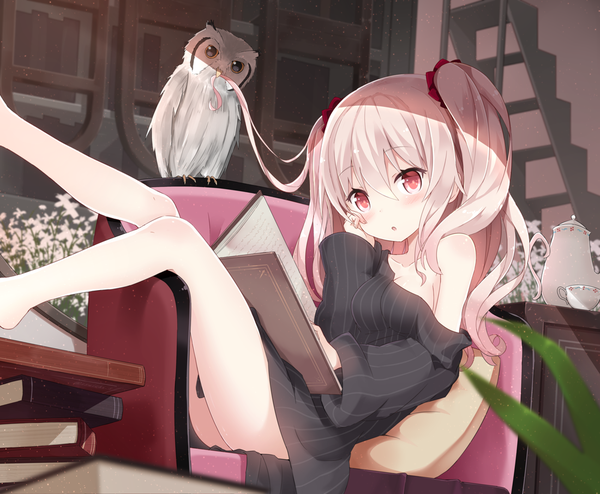 Anime picture 1100x906 with original shuuichi (gothics) long hair looking at viewer blush fringe light erotic hair between eyes red eyes sitting bare shoulders pink hair bent knee (knees) indoors head tilt barefoot bare legs :o shadow two side up