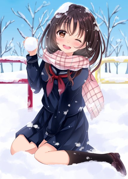 Anime picture 844x1182 with original sakura hiyori single long hair tall image looking at viewer blush fringe open mouth smile hair between eyes brown hair sitting holding brown eyes sky full body bent knee (knees) outdoors long sleeves