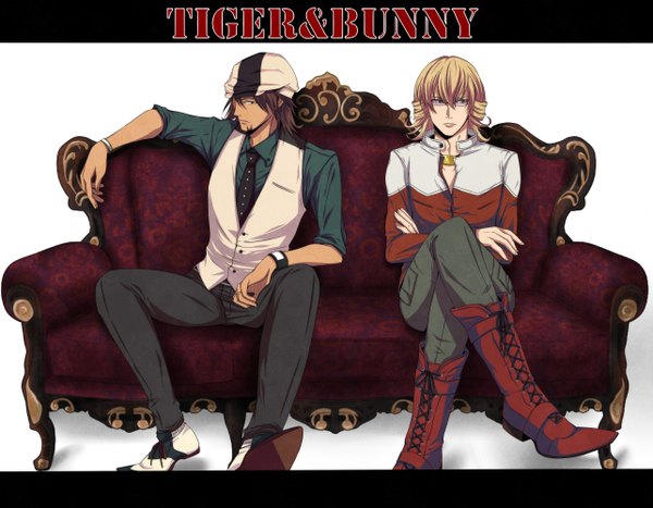 Anime picture 1283x1000 with tiger & bunny sunrise (studio) kaburagi t. kotetsu barnaby brooks jr. puniko (artist) blonde hair brown hair white background crossed legs crossed arms boy glasses necktie jacket boots pants vest couch flat cap