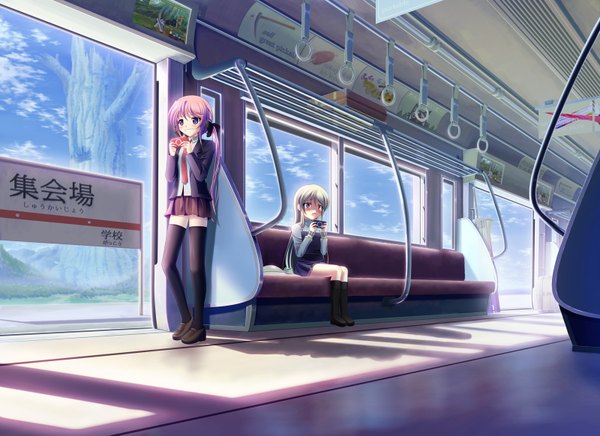 Anime picture 1600x1163 with original psyche3313 long hair blush blue eyes blonde hair red eyes twintails multiple girls pink hair train interior girl thighhighs skirt black thighhighs 2 girls miniskirt shirt socks necktie