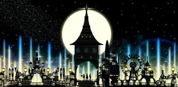Anime picture 5880x2880 with original harada miyuki highres wide image absurdres blurry night lens flare city black background city lights gate moon star (stars) full moon people arch ferris wheel amusement park
