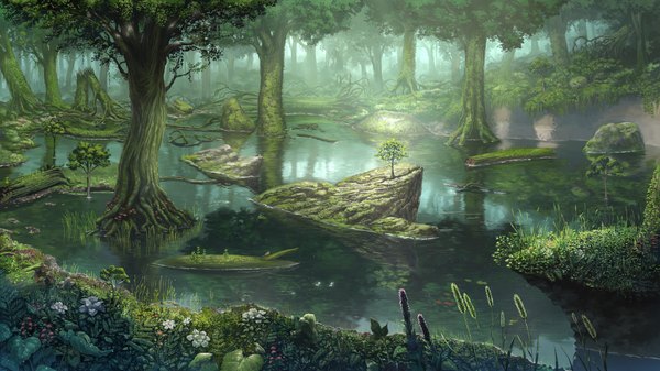 Anime picture 1920x1080 with original suchfolder highres wide image landscape flower (flowers) plant (plants) tree (trees) water forest