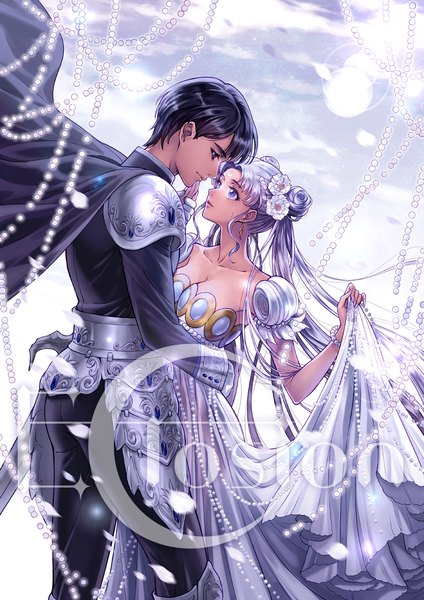 Anime picture 818x1157 with bishoujo senshi sailor moon toei animation tsukino usagi princess serenity chiba mamoru prince endymion eclosion tall image short hair black hair standing purple eyes twintails signed sky cleavage silver hair very long hair profile hair flower