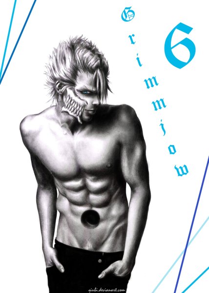 Anime picture 1024x1434 with bleach studio pierrot grimmjow jeagerjaques qiubi single tall image short hair blue eyes light erotic white background groin monochrome hands in pockets espada hole boy pants mask