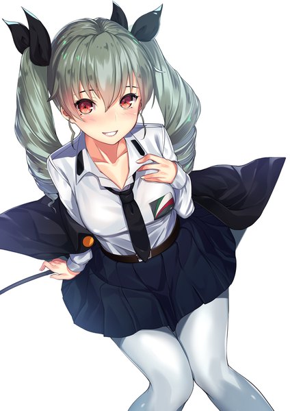 Anime picture 1265x1789 with girls und panzer anchovy (girls und panzer) kagematsuri single long hair tall image looking at viewer smile red eyes white background twintails grey hair drill hair revision girl skirt bow hair bow miniskirt shirt