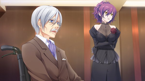 Anime picture 1280x720 with astraythem ginta short hair wide image yellow eyes game cg purple hair white hair old man girl dress boy glasses