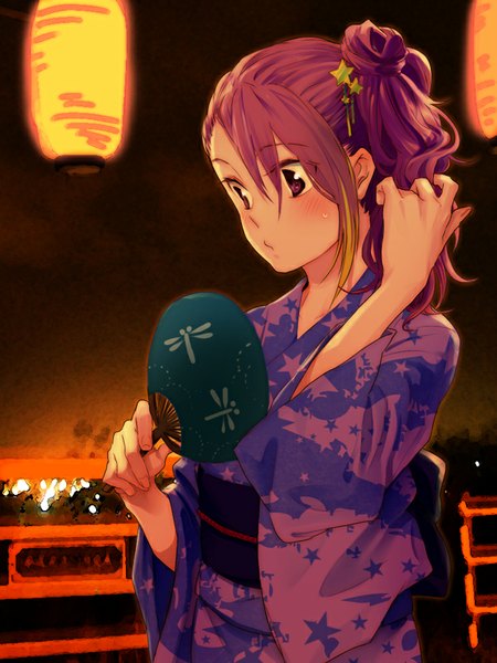 Anime picture 600x800 with idolmaster idolmaster million live! maihama ayumu kyouno single long hair tall image blush purple eyes looking away purple hair traditional clothes japanese clothes night alternate hairstyle animal print girl hair ornament hairclip fan