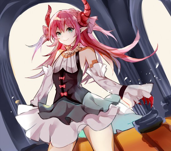 Anime picture 900x799 with fate (series) fate/extra fate/extra ccc elizabeth bathory (fate) (all) elizabeth bathory (fate) bxr single long hair fringe smile hair between eyes bare shoulders green eyes pink hair horn (horns) pointy ears dutch angle slit pupils girl dress