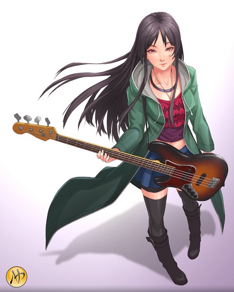 Anime picture 1200x1500 with k-on! kyoto animation akiyama mio mahenbu single long hair tall image looking at viewer fringe black hair simple background purple eyes full body fingernails light smile from above wind open jacket shadow gradient background