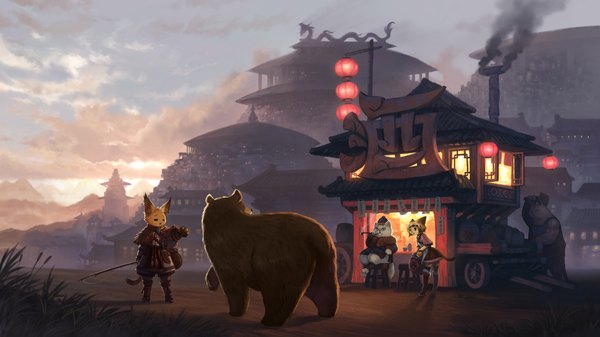 Anime picture 1732x975 with original gugu (pixiv) highres short hair open mouth blue eyes wide image sitting animal ears eyes closed black eyes cat ears cat tail city hieroglyph chinese clothes smoke muscle fantasy scenic