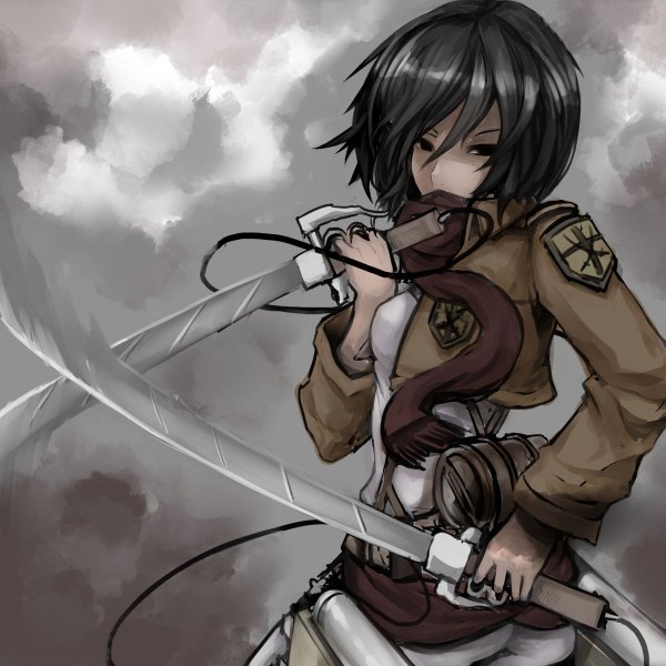 Anime picture 1200x1200 with shingeki no kyojin production i.g mikasa ackerman hachachi single looking at viewer short hair black hair holding black eyes open clothes open jacket dual wielding crossed swords girl weapon sword scarf