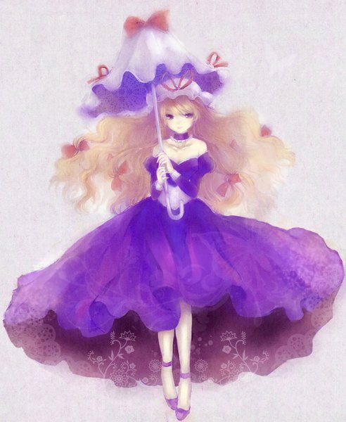Anime picture 1300x1584 with touhou pixiv yakumo yukari mei long hair tall image fringe simple background blonde hair purple eyes bare shoulders cleavage legs girl dress flower (flowers) bow ribbon (ribbons) hair bow hat
