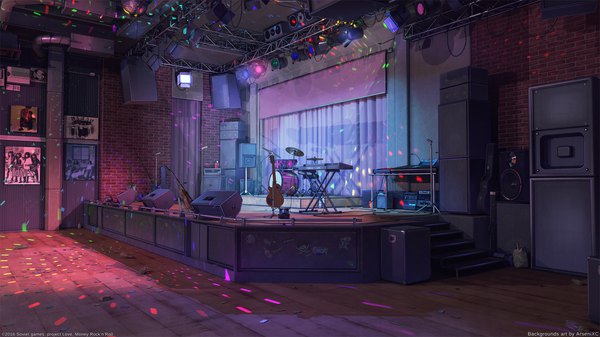 Anime picture 1920x1080 with original arsenixc highres wide image indoors light no people backlighting guitar speakers drum set mixing console