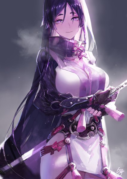Anime picture 1000x1412 with fate (series) fate/grand order minamoto no raikou (fate) hg0524 single long hair tall image looking at viewer fringe breasts simple background smile hair between eyes large breasts standing purple eyes holding signed purple hair gradient background