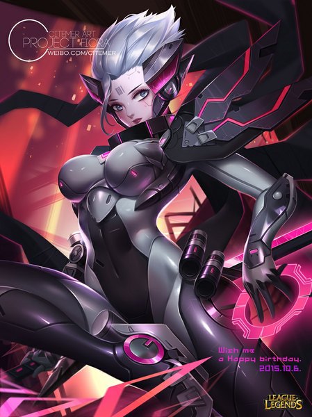 Anime picture 767x1024 with league of legends fiora (league of legends) gu-ko citemer single tall image short hair breasts light erotic looking away silver hair lips inscription lipstick red lipstick silver eyes girl suit cyborg
