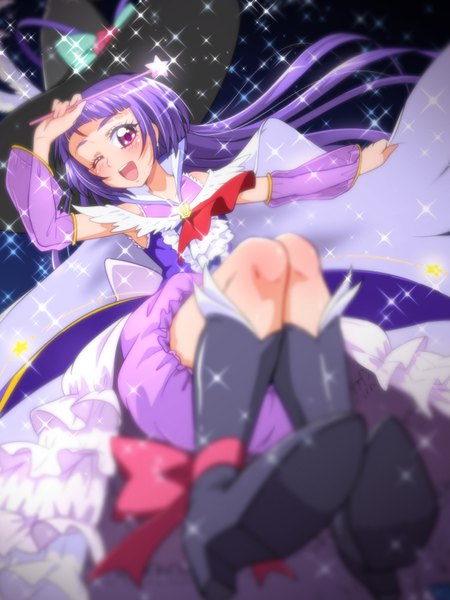 Anime picture 600x800 with precure mahou girls precure! toei animation izayoi riko cure magical tj-type1 single tall image looking at viewer blush short hair open mouth smile purple eyes holding purple hair head tilt :d one eye closed arm up