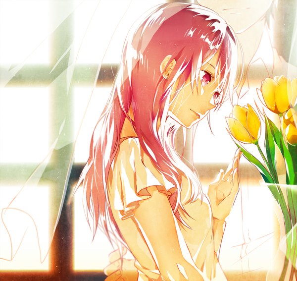 Anime picture 1000x946 with original galsuwaidi single long hair looking away pink hair pink eyes wind ghost girl flower (flowers) window curtains tulip