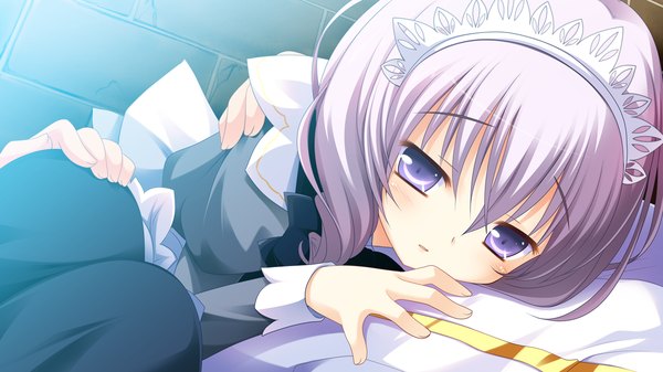 Anime picture 1280x720 with princess-style kanon (princess-style) yuyi long hair wide image purple eyes game cg silver hair maid girl headdress maid headdress
