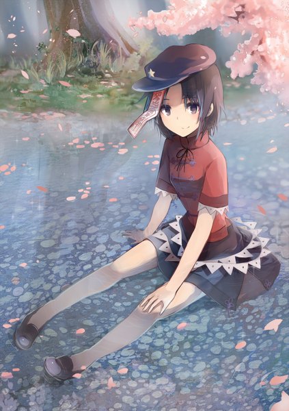 Anime picture 1200x1700 with touhou miyako yoshika tare nu (usesase) single tall image looking at viewer short hair black hair smile sitting from above black eyes cherry blossoms river girl plant (plants) petals tree (trees) water star (symbol)