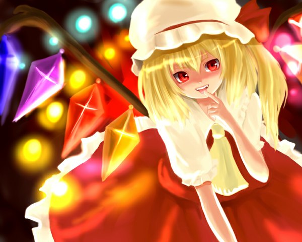 Anime picture 1000x800 with touhou flandre scarlet tetsuo single short hair blonde hair red eyes teeth fang (fangs) finger to mouth girl dress wings crystal