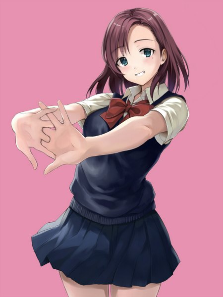 Anime picture 980x1306 with original takeuchi aya single tall image looking at viewer blush short hair blue eyes simple background smile brown hair pink background girl skirt uniform school uniform bowtie