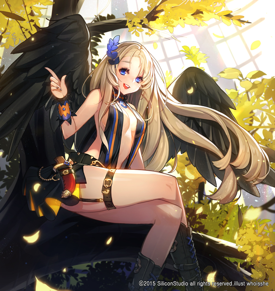 Anime picture 927x981 with gyakushuu no fantasica whoisshe single long hair tall image looking at viewer blush fringe breasts open mouth blue eyes light erotic blonde hair smile large breasts sitting bare shoulders signed cleavage bent knee (knees)