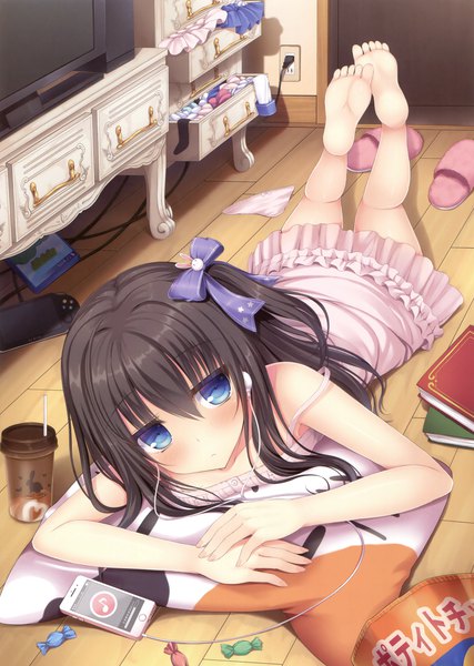 Anime picture 2489x3500 with original taiki ken single long hair tall image looking at viewer blush highres blue eyes light erotic black hair absurdres lying scan official art girl underwear panties bow hair bow