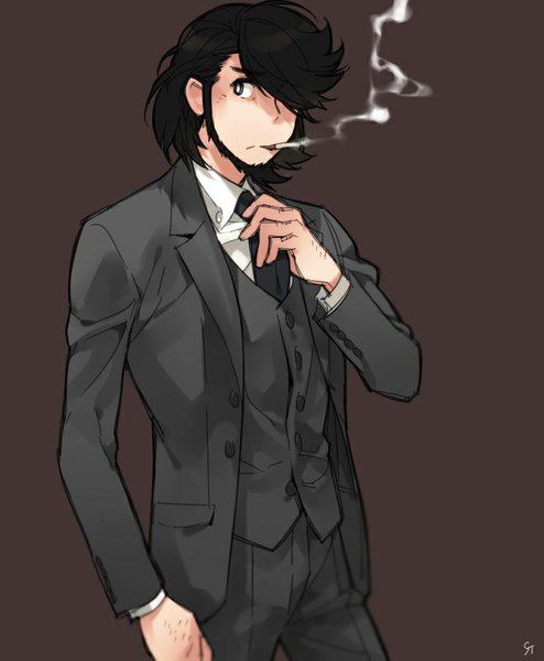 Anime picture 700x850 with lupin iii jigen daisuke toujou sakana single tall image fringe short hair black hair simple background looking away black eyes hair over one eye smoke smoking brown background adjusting necktie boy necktie vest suit