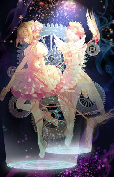 Anime picture 1000x1552 with card captor sakura clamp kinomoto sakura haneru tall image short hair brown hair ahoge eyes closed short sleeves two side up puffy sleeves magic dual persona magical girl girl thighhighs dress gloves hair ornament