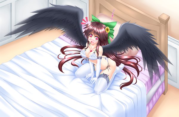Anime picture 3752x2453 with touhou reiuji utsuho wisp d single blush highres breasts open mouth light erotic smile red eyes brown hair large breasts absurdres indoors very long hair arm support underwear only black wings girl