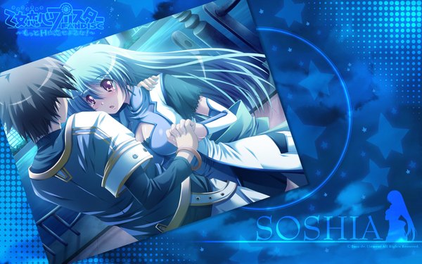 Anime picture 1920x1200 with otome renshin prister kaito hijikata soshia ryuusoji mizunezumi long hair fringe highres short hair black hair hair between eyes wide image purple eyes cleavage from behind aqua hair couple copyright name character names cleavage cutout interlocked fingers