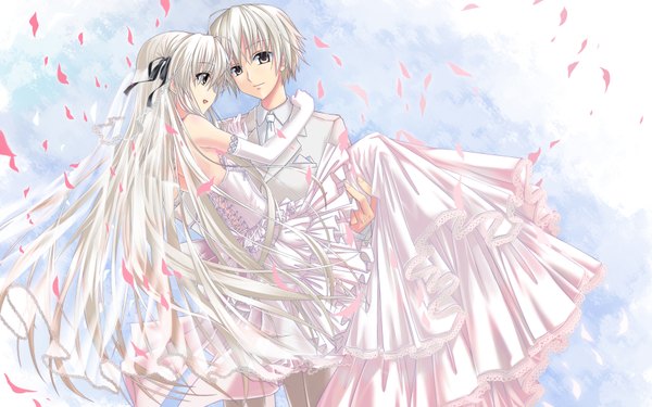 Anime picture 1920x1200 with yosuga no sora kasugano sora kasugano haruka hika (cross-angel) long hair highres short hair wide image white hair black eyes couple siblings twins carrying brother and sister girl dress boy petals wedding dress