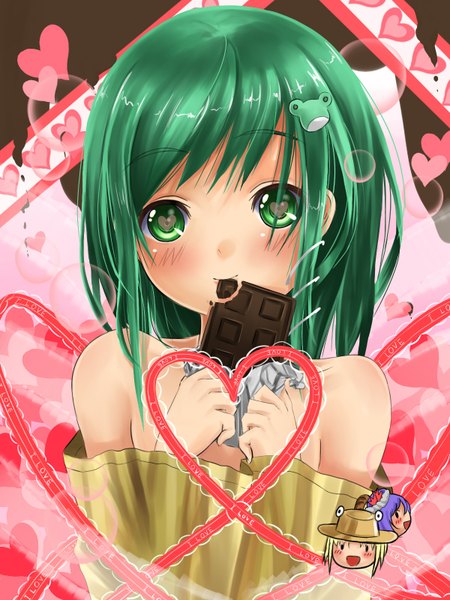 Anime picture 1200x1600 with touhou kochiya sanae reio reio long hair tall image blush bare shoulders green eyes green hair heart of string girl ribbon (ribbons) food heart sweets bubble (bubbles) chocolate