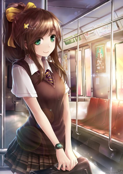 Anime picture 1024x1448 with original jurrig single long hair tall image looking at viewer smile brown hair green eyes girl uniform bow hair bow school uniform school bag clock pocket watch