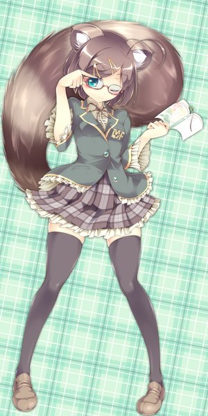 Anime picture 1400x2800 with original josephine (artist) single tall image looking at viewer blush short hair blue eyes brown hair animal ears animal tail one eye closed wink plaid skirt plaid plaid background girl thighhighs uniform hair ornament