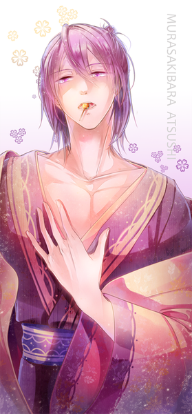 Anime picture 450x965 with kuroko no basket production i.g murasakibara atsushi salvia single tall image fringe short hair open mouth simple background white background purple eyes holding purple hair traditional clothes japanese clothes wide sleeves character names mouth hold floral print