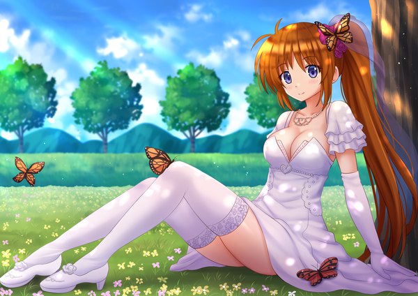 Anime picture 1697x1200 with mahou shoujo lyrical nanoha takamachi nanoha kazenokaze single long hair looking at viewer breasts light erotic brown hair sitting purple eyes cleavage full body outdoors light smile side ponytail girl thighhighs dress gloves