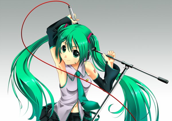 Anime picture 1500x1060 with vocaloid hatsune miku supertie single long hair looking at viewer simple background smile twintails green eyes nail polish green hair grey background armpit (armpits) aqua nail polish girl navel detached sleeves necktie headphones